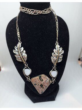 Necklace Ocean Jasper  Crystal  Drusi Geode Silver Leaves 14 K gold accents 25.1